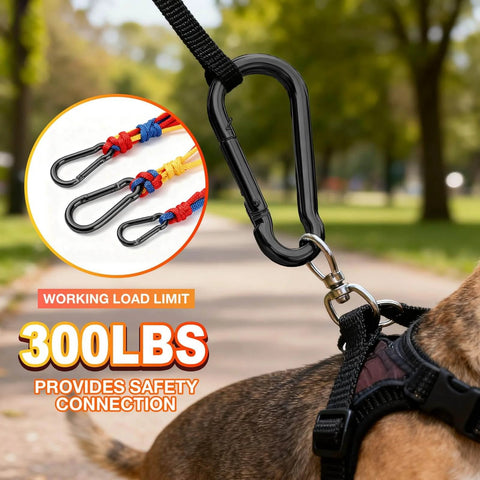60 Pack 2.36 Inch Spring Snap Hooks Carabiners Heavy Duty Zinc Plated Steel Clips shown on a dog leash with 300 lbs weight limit