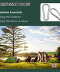 120 Pcs M5 Spring Snap Hook Carabiner Set in outdoor camping scene with tent and chairs by lake, heavy duty galvanized steel for swings, hammock, gym