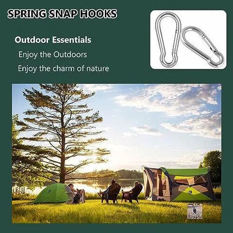 120 Pcs M5 Spring Snap Hook Carabiner Set in outdoor camping scene with tent and chairs by lake, heavy duty galvanized steel for swings, hammock, gym