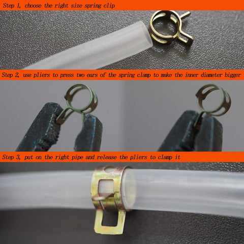 Installation of Durable 65Mn spring steel silicone vacuum hose clamps kit with 160 pieces in 6-10 mm sizes on a clear tube