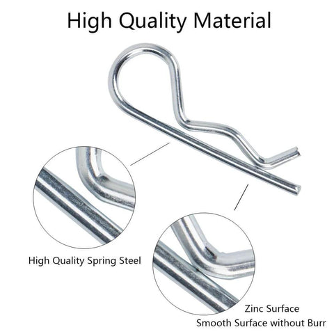 Close-up of a zinc-plated steel R clip from the 48 Piece Cotter Pin Set Kit With Five Sizes R Clips Retaining Pins For Automotive Machinery.