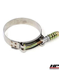 Six Spring Loaded Stainless Steel T Bolt Clamps SAE 108 For 4 Inch ID Hoses Effective Diameter 4.25 To 4.50 Inches close-up view
