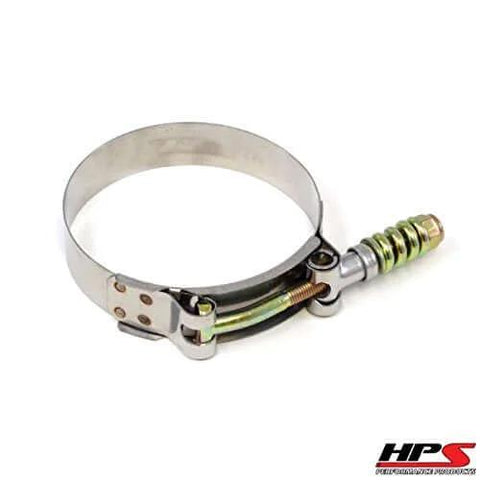 Six Spring Loaded Stainless Steel T Bolt Clamps SAE 108 For 4 Inch ID Hoses Effective Diameter 4.25 To 4.50 Inches close-up view