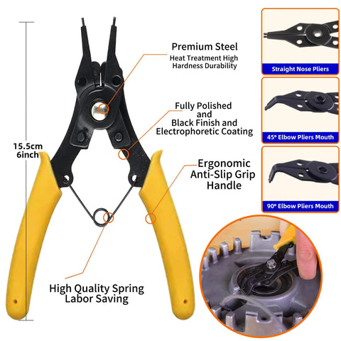 External Retaining Rings Kit With 250 Piece C Clip Set and Spring Tool Pliers featuring ergonomic grips and convertible jaws