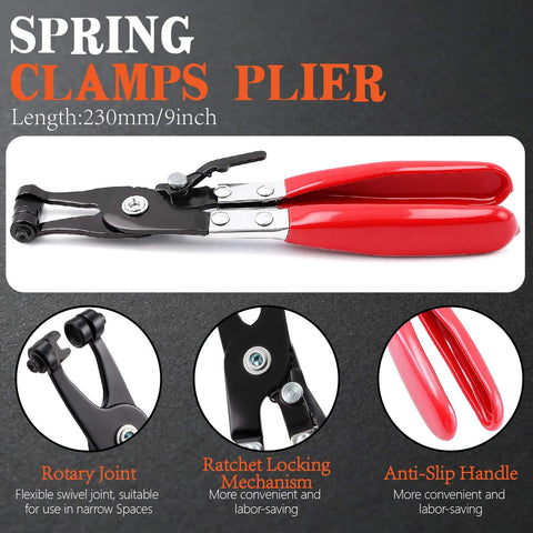 Spring clamps plier with red handle, 230mm length, rotary joint, ratchet locking mechanism, anti-slip handle.