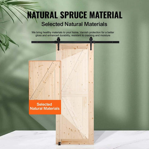 Sliding Barn Door 30 Inch Wide By 84 Inch High With Included Hardware Kit And Handle For Interior Rooms And Storage Closets Waterproof Solid Wood K Frame DIY Stainable Natural Finish Easy Assembly Smooth Sliding Action Durable Construction made from natural spruce material.