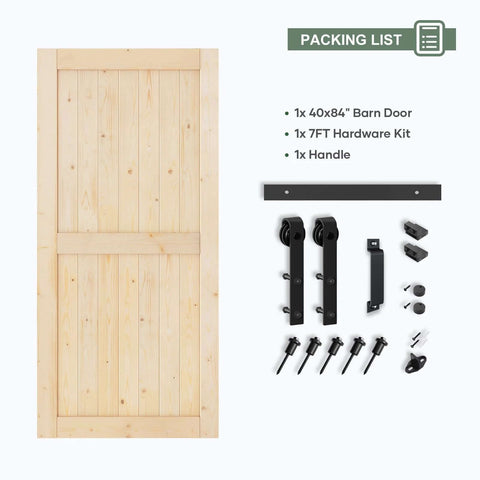 40x84 Inch Sliding Barn Wood Door Slab With 7Ft Hardware Kit In Spruce Solid Wood shown with included hardware pieces.