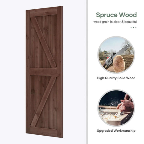 36x80 Inch Sliding Barn Wood Door Slab With 6.6ft Hardware Kit And Handle In Coffee Finish, K Shape Design, solid spruce material