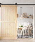 40x84 Inch Sliding Barn Wood Door Slab With 7Ft Hardware Kit In Spruce Solid Wood installed in bedroom entrance