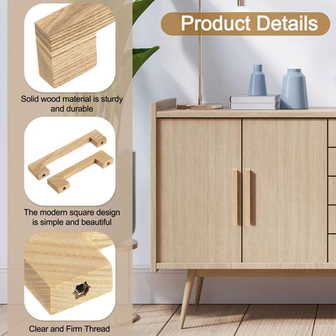 Two Pack 6 Inch Hole Center Square Wood Drawer Pulls With Screws For Kitchen Dresser Wardrobe Cupboard Ash Wood Natural Solid Wood Construction