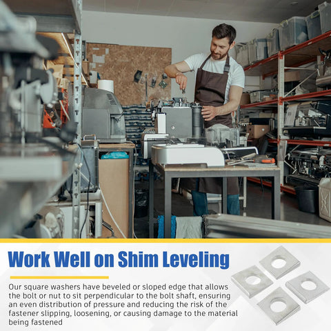 Square Beveled Washer Set for precise leveling and secure fastening, workshop setting with equipment, galvanized carbon steel washers visible