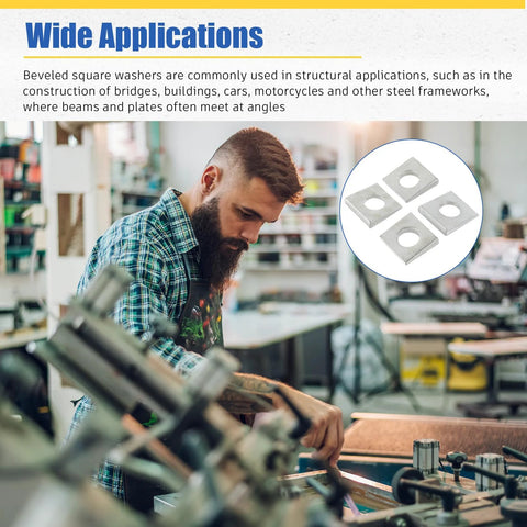 Worker in factory with highlighted image of Square Beveled Washer Set for precise leveling and secure fastening, 10 pieces.