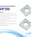 Beveled Square Washer Set delivers a flat, load-distributing surface for bolts on inclined or uneven surfaces; 3/8 in ID, galvanized