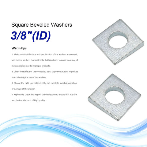Beveled Square Washer Set delivers a flat, load-distributing surface for bolts on inclined or uneven surfaces; 3/8 in ID, galvanized