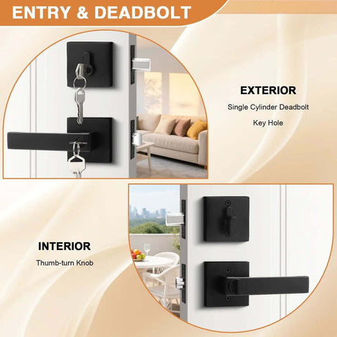Square Entry Door Levers And Deadbolt Set, Heavy Duty, Flat Black, Keyed Alike, installed on door showing interior and exterior views