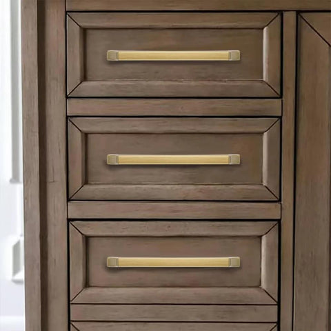 Square Brushed Gold Cabinet Pulls 2 Pack 6 Inch Center To Center Heavy Duty Zinc Alloy Handles installed on wooden drawers