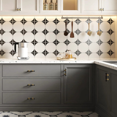 Modern kitchen with 10 Pack Cabinet Pulls 3 Inch Hole Centers 5 Inch Overall Length Square Zinc Alloy Black And Gold Kitchen Cabinet Handles installed on gray cabinets.