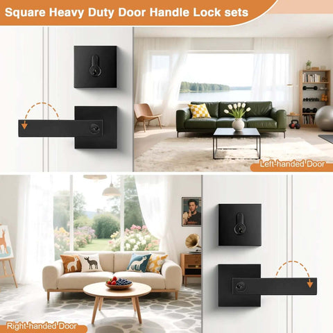 Square Entry Door Levers And Deadbolt Set, Heavy Duty, Flat Black, Keyed Alike, reversible for right and left-hand doors, installed in living rooms.