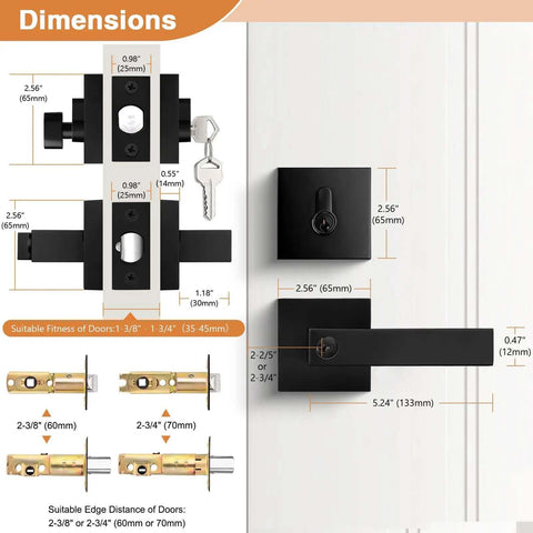 Dimensions and details of Square Entry Door Levers And Deadbolt Set, Heavy Duty, Flat Black, Keyed Alike, All 4 Locks Share Same Keys.