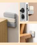 Six sturdy 1 cm thick square door stoppers with strong self adhesive pads providing anti slam silencing, shown installed on walls.