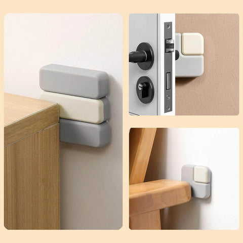 Six sturdy 1 cm thick square door stoppers with strong self adhesive pads providing anti slam silencing, shown installed on walls.