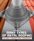 Square EPDM Metal Roof Pipe Flashing Boot Fits 5-1/2 to 11-1/2 Inch Pipe OD, gray, installed on metal roof with text overlay.