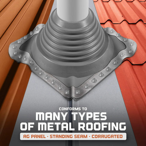 Square EPDM Metal Roof Pipe Flashing Boot Fits 5-1/2 to 11-1/2 Inch Pipe OD, gray, installed on metal roof with text overlay.