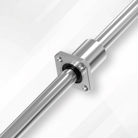 Double-Seal 20mm ID Linear Bearing with Square Flange mounted on a metallic shaft, showing smooth, low-friction motion system.