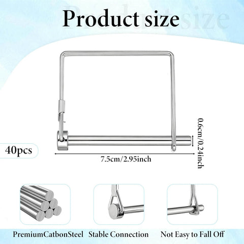 40 Pack Square Trailer Hitch Pins One Fourth Inch Diameter Locking Pins With Zinc Coating For Farm Lawn Garden And Tow Wagons Carbon Steel Easy Install 360 Degree Rotating Safety Shaft Pins shown with measurements and features