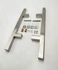 Square Ladder Pull Back to Back Handle for Frameless Shower Doors Brushed Nickel 304 Stainless Steel H Shape Tube 6 Inch Center to Center Suitable for Glass One Quarter Inch to One Half Inch Thickness Replacement Hardware with installation parts displayed against white background.