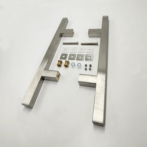 Square Ladder Pull Back to Back Handle for Frameless Shower Doors Brushed Nickel 304 Stainless Steel H Shape Tube 6 Inch Center to Center Suitable for Glass One Quarter Inch to One Half Inch Thickness Replacement Hardware with installation parts displayed against white background.