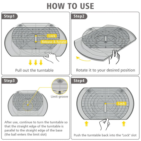 Diagram showing how to use the Square Lazy Susan Turntable Organizer For Refrigerator And Pantry Cabinets with detachable dividers.