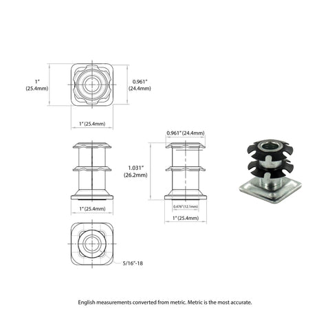 Diagram and close-up of One Inch Square Metal Double Star Caster Insert With 5/16-18 Threaded Stem For 2 Inch Wheel Industrial Casters