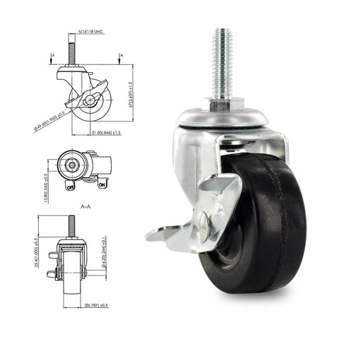 One Inch Square Metal Double Star Caster Insert with 5/16-18 Threaded Stem for 2 Inch Wheel Industrial Casters Set of Four with Brakes