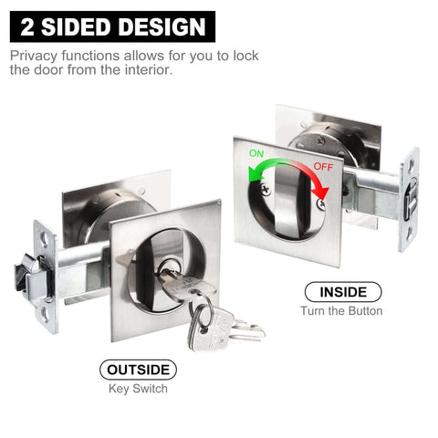 Pocket Door Lock With Keys And Invisible Recessed Handle Latch For Barn Doors And Wood Furniture, Silver Finish, 2-sided design