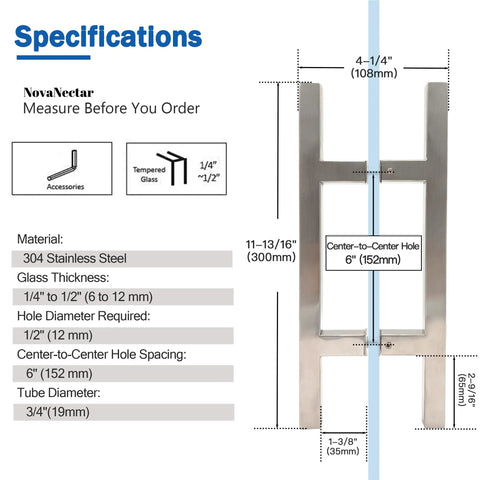 Specifications for Square Ladder Pull Back to Back Handle for Frameless Shower Doors Brushed Nickel 304 Stainless Steel H Shape Tube 6 Inch.