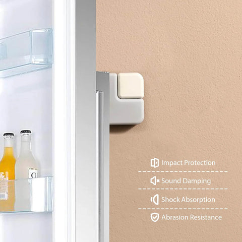 Six sturdy 1 cm thick square door stoppers with strong self adhesive pads installed on wall near cabinet