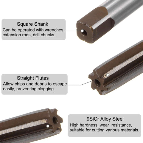 Detail view of Four Piece Hand Reamer Set Includes Sizes One Eighth Inch Three Sixteenths Inch One Quarter Inch And Five Sixteenths Inch In H8 Tolerance With Alloy Steel Reamer Bits With Straight Flutes For Precise Hole Reaming In Metal And Wood showing square shank, straight flutes, and 9SiCr alloy steel material.