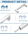 Two Pack Silver 5.5 Inch Square Cabinet Pulls Stainless Steel Drawer Handles product details showing material and design