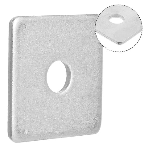 Electrogalvanized Square Strut Washer Plates One And Five Eighths Inches With Three Eighths Inch Hole And Three Point Five Millimeter Thickness 40 By 40 Millimeter 35 Pack Heavy Duty Carbon Steel Washers For Standard One And Five Eighths Inch Strut, close-up on washer plate with hole.