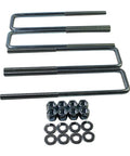Extended square U bolt kit for 2.5 inch wide leaf springs with a 12.5 inch length and 9/16 inch bolts, four bolts with nuts and washers