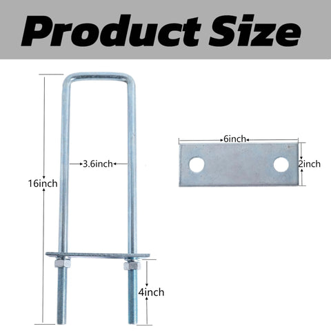 Heavy Duty 4 Pack Square Bend U Bolt Kit 3.5 Inch Width By 16 Inch Length With Nuts And Frame Plates For Automotive And Trailer Mounting Hardware And Durable Construction dimensions view