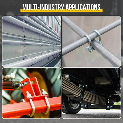 M6x25x50mm Square U Bolts Kit Four Sets Carbon Steel Galvanized with nuts and washers installed on pipes and leaf springs.