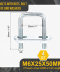 M6x25x50mm Square U Bolts Kit Four Sets Carbon Steel Galvanized With Nuts Washers Frame Plate for Pipe Trailer Automotive