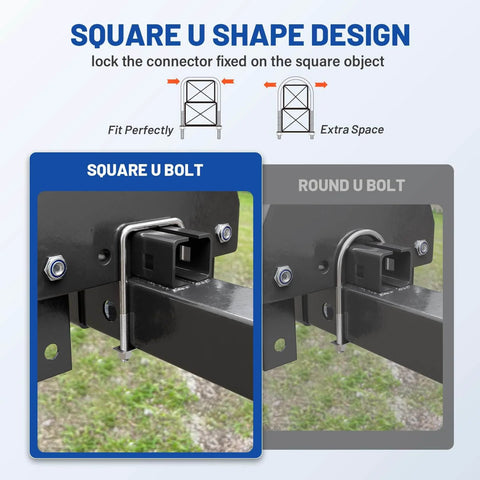 Square U Bolts Kit With Frame Plates And Nuts Stainless Steel U Clamp Bolts for Wood Boats Trailers Tubes Industrial Use Three Eighths Inch By Four Inch By Seven Inch Thread installed on a rail.