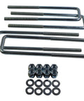 Extended square U bolt kit for 2.5 inch wide leaf springs with a 12.5 inch length and 9/16 inch bolts, set of four with nuts and washers.