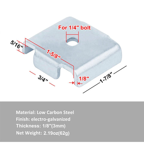 Diagram of square washer for 1/4 inch bolts, electro-galvanized low carbon steel, with dimensions and material details.