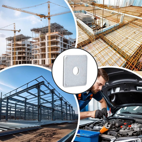 Electrogalvanized Square Strut Washer Plates One And Five Eighths Inches With Three Eighths Inch Hole And Three Point Five Millimeter Thickness 40 By 40 Millimeter 35 Pack, used in construction and automotive settings.