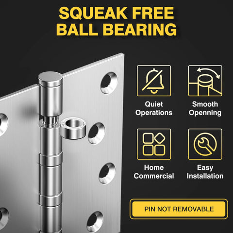 Ball Bearing Door Hinges 4x4 Inches Square Corner Stainless Steel Brushed Nickel Heavy Duty Non Removable Pin For Smooth Quiet Opening