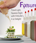 12 Pack 4 Oz Squeeze Bottles With Red Tip Caps For Ketchup BBQ Sauces Syrup Condiments Oil Pancake Decorating Dressings Travel Camping Lab Arts And Crafts Leakproof Pouring With Secure Yorker Cap And Gasket For Mess Free Use in use as a salad dressing is poured from a squeezable container onto a gourmet dish.